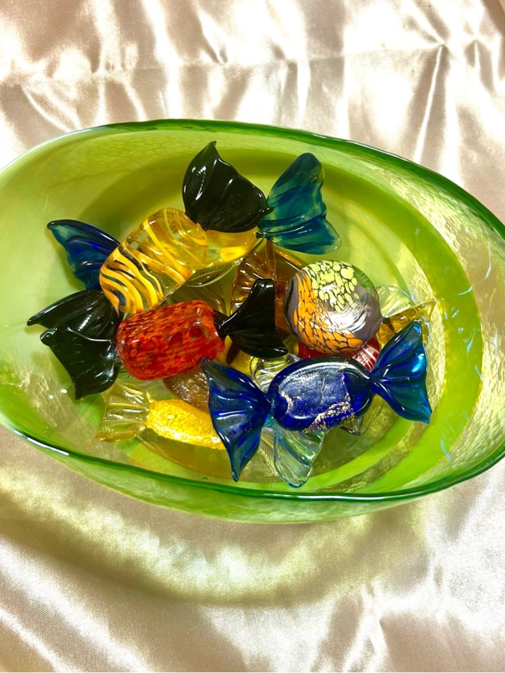 Crate & Barrel green dish with 11 Murano glass candies